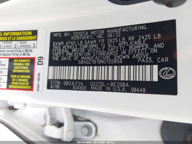 2022 Lexus Es 350 F Sport მანქანა იყიდება აუქციონზე, vin: 58AGZ1B19NU132856, აუქციონის ნომერი: 45748259