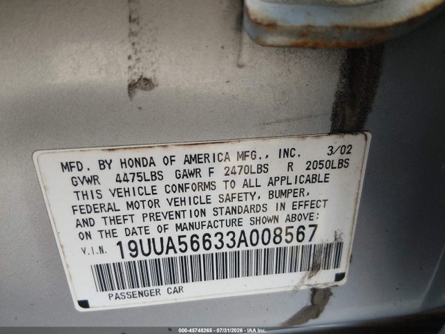Aukcja sprzedaży 2003 Acura Tl 3.2, vin: 19UUA56633A008567, numer aukcji: 45748265