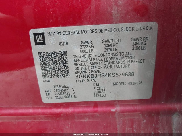 45748277 :رقم المزاد ، 3GNKBJRS4KS579638 vin ، 2019 Chevrolet Blazer Rs مزاد بيع