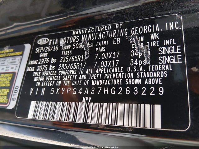 2017 Kia Sorento 2.4l Lx მანქანა იყიდება აუქციონზე, vin: 5XYPG4A37HG263229, აუქციონის ნომერი: 45748303