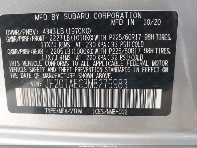 Продажа на аукционе авто 2021 Subaru Crosstrek Premium, vin: JF2GTAEC3M8275983, номер лота: 45748304