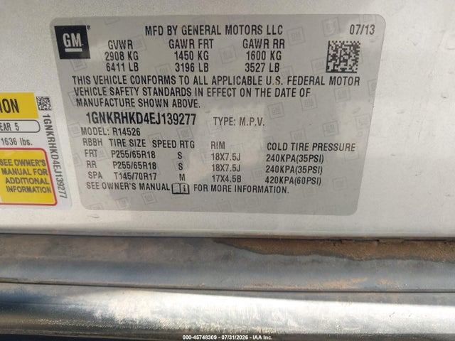 Продажа на аукционе авто 2014 Chevrolet Traverse Lt, vin: 1GNKRHKD4EJ139277, номер лота: 45748309