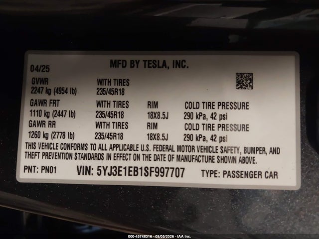 5YJ3E1EB1SF997707 Tesla Model 3 Long Range All-wheel Drive