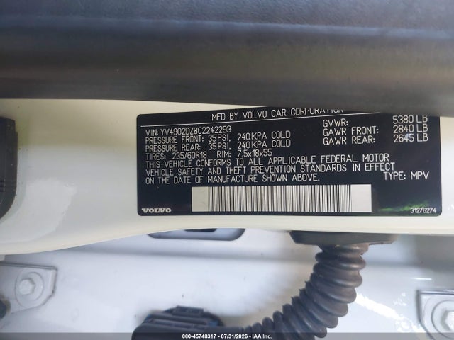 45748317 :رقم المزاد ، YV4902DZ8C2242293 vin ، 2012 Volvo Xc60 T6 Platinum مزاد بيع