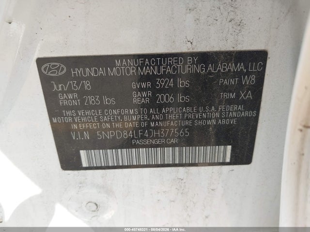 Продаж на аукціоні авто 2018 Hyundai Elantra Value Edition, vin: 5NPD84LF4JH377565, номер лоту: 45748321