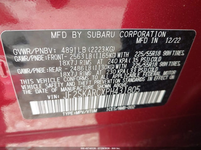 45748326 :رقم المزاد ، JF2SKARCXPH431805 vin ، 2023 Subaru Forester Touring مزاد بيع