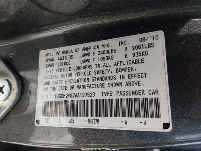 Продаж на аукціоні авто 2010 Honda Accord 2.4 Ex-l, vin: 1HGCP2F87AA197523, номер лоту: 45748333