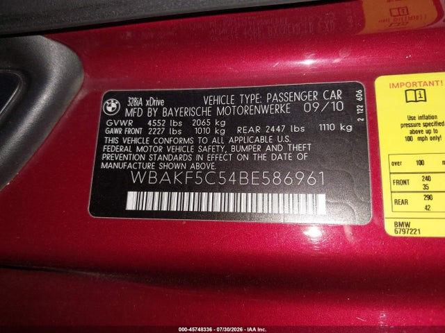 2011 Bmw 328i Xdrive მანქანა იყიდება აუქციონზე, vin: WBAKF5C54BE586961, აუქციონის ნომერი: 45748336