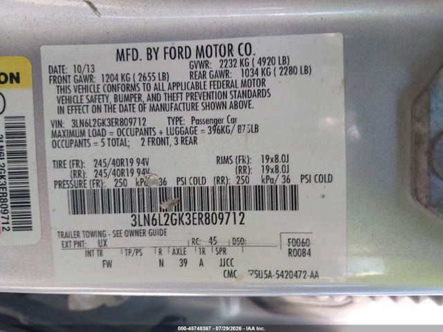 Продажа на аукционе авто 2014 Lincoln Mkz, vin: 3LN6L2GK3ER809712, номер лота: 45748367
