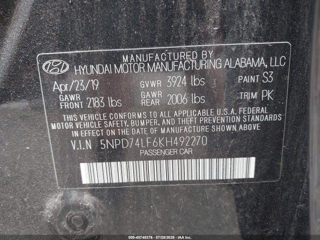 2019 Hyundai Elantra Se მანქანა იყიდება აუქციონზე, vin: 5NPD74LF6KH492270, აუქციონის ნომერი: 45748376