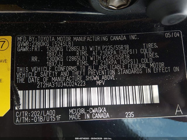 45748383 :رقم المزاد ، 2T2HA31U34C024223 vin ، 2004 Lexus Rx 330 مزاد بيع