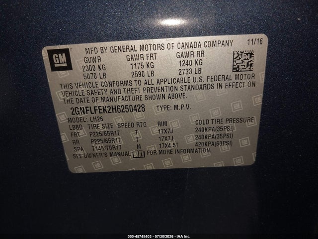 2017 Chevrolet Equinox Lt მანქანა იყიდება აუქციონზე, vin: 2GNFLFEK2H6250428, აუქციონის ნომერი: 45748403
