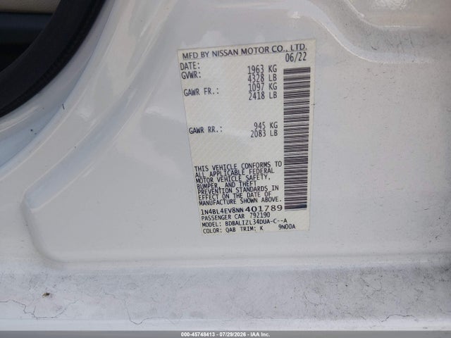 Продаж на аукціоні авто 2022 Nissan Altima Sl Fwd, vin: 1N4BL4EV8NN401789, номер лоту: 45748413