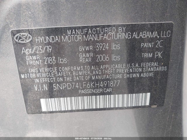 2019 Hyundai Elantra Se მანქანა იყიდება აუქციონზე, vin: 5NPD74LF6KH491877, აუქციონის ნომერი: 45748418