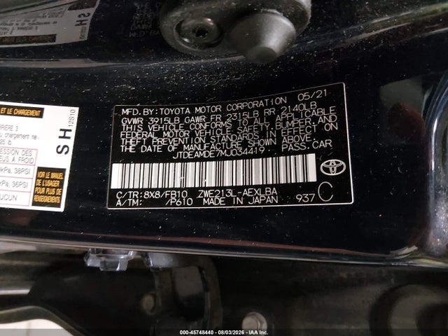 Продаж на аукціоні авто 2021 Toyota Corolla Hybrid Le, vin: JTDEAMDE7MJ034419, номер лоту: 45748440