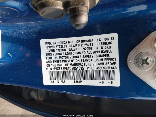 45748449 :رقم المزاد ، 19XFB2F81DE051615 vin ، 2013 Honda Civic Ex مزاد بيع