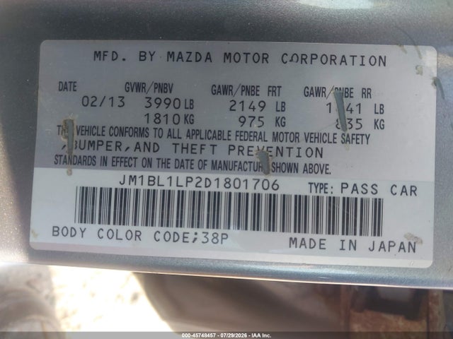 45748457 :رقم المزاد ، JM1BL1LP2D1801706 vin ، 2013 Mazda Mazda3 I Touring مزاد بيع