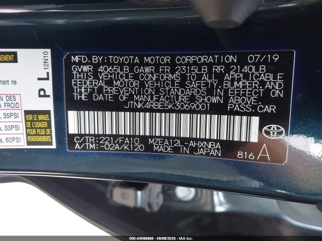 2019 Toyota Corolla Se მანქანა იყიდება აუქციონზე, vin: JTNK4RBE5K3069001, აუქციონის ნომერი: 45748458