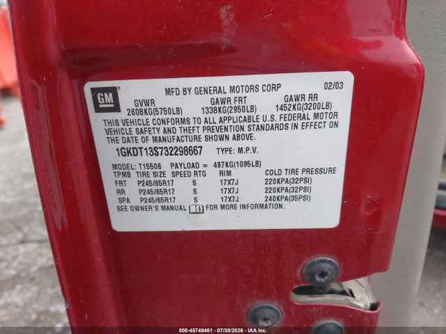 Продаж на аукціоні авто 2003 Gmc Envoy Sle, vin: 1GKDT13S732298667, номер лоту: 45748461