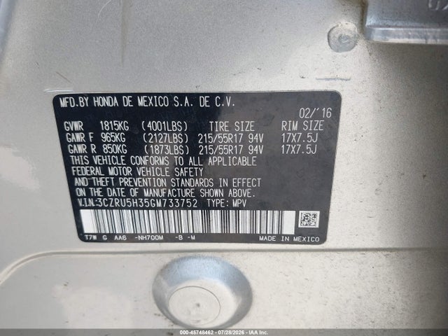 Aukcja sprzedaży 2016 Honda Hr-v Lx, vin: 3CZRU5H35GM733752, numer aukcji: 45748462