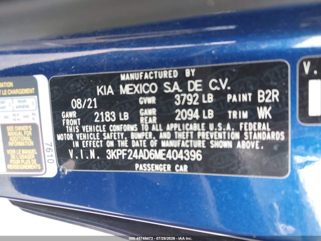 2021 Kia Forte Lxs მანქანა იყიდება აუქციონზე, vin: 3KPF24AD6ME404396, აუქციონის ნომერი: 45748473