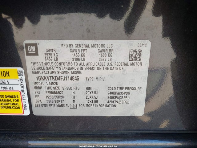Aukcja sprzedaży 2015 Gmc Acadia Denali, vin: 1GKKVTKD4FJ114845, numer aukcji: 45748484