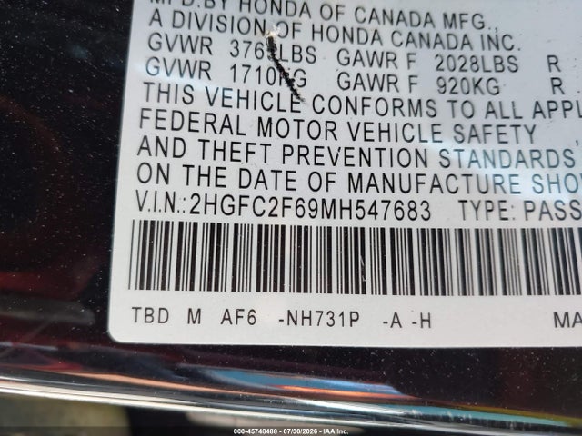 Honda Civic Lx 2021 2HGFC2F69MH547683 Image 9