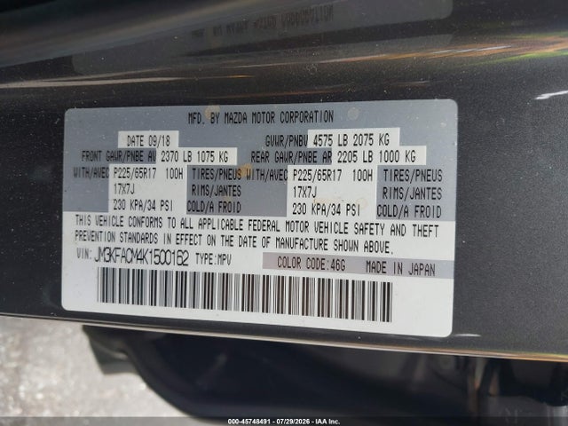 45748491 :رقم المزاد ، JM3KFACM4K1500162 vin ، 2019 Mazda Cx-5 Touring مزاد بيع