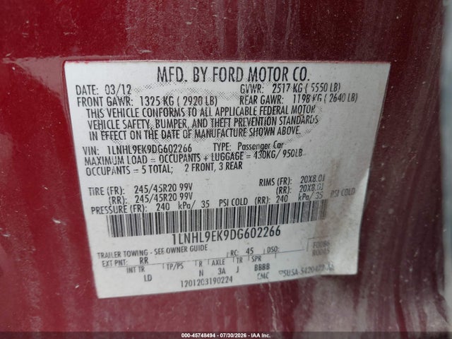 Продаж на аукціоні авто 2013 Lincoln Mks, vin: 1LNHL9EK9DG602266, номер лоту: 45748494