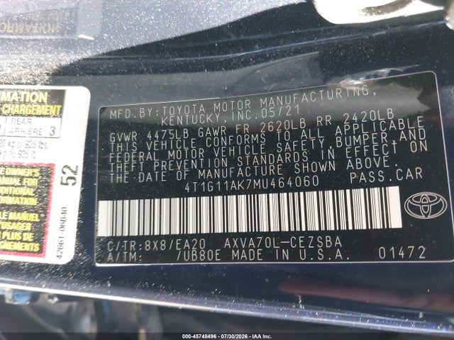 45748496 :رقم المزاد ، 4T1G11AK7MU464060 vin ، 2021 Toyota Camry Se مزاد بيع