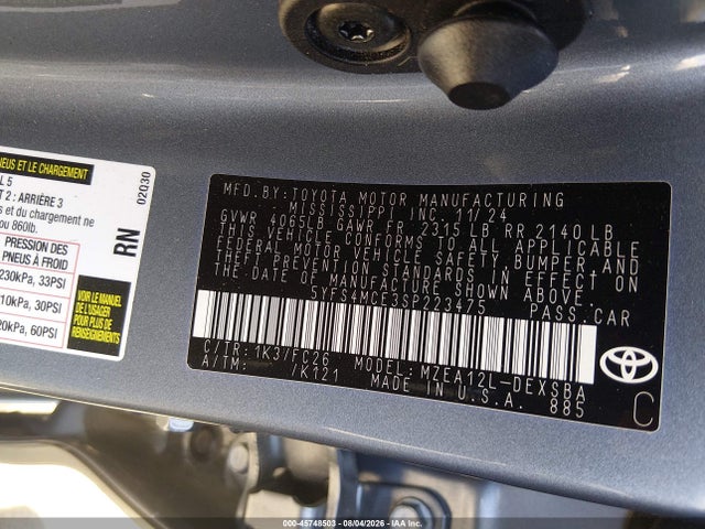 Продаж на аукціоні авто 2025 Toyota Corolla Se, vin: 5YFS4MCE3SP223475, номер лоту: 45748503