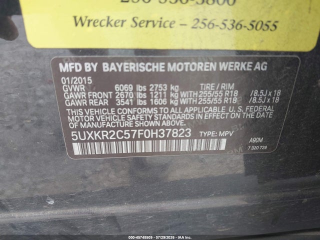 45748509 :رقم المزاد ، 5UXKR2C57F0H37823 vin ، 2015 Bmw X5 Sdrive35i مزاد بيع