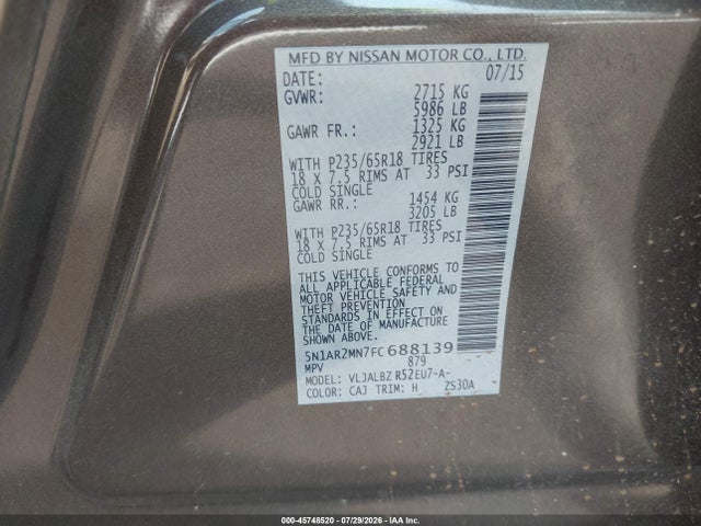 Nissan Pathfinder S 2015 5N1AR2MN7FC688139 Image 9