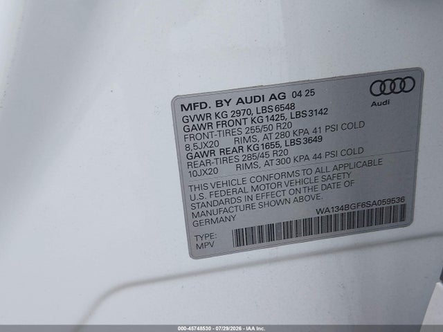 Продаж на аукціоні авто 2025 Audi Q6 E-tron Prestige Quattro, vin: WA134BGF6SA059536, номер лоту: 45748530