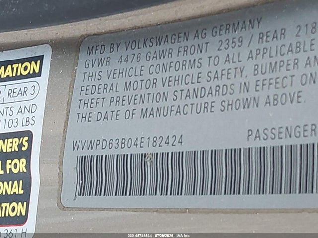 Продаж на аукціоні авто 2004 Volkswagen Passat Gls, vin: WVWPD63B04E182424, номер лоту: 45748534