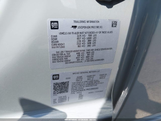 Продажа на аукционе авто 2024 Chevrolet Silverado 1500, vin: 1GCPDKEK7RZ298161, номер лота: 45748545