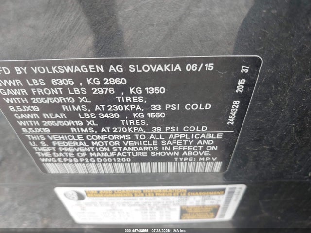 Aukcja sprzedaży 2016 Volkswagen Touareg Tdi Lux, vin: WVGEP9BP2GD001200, numer aukcji: 45748555