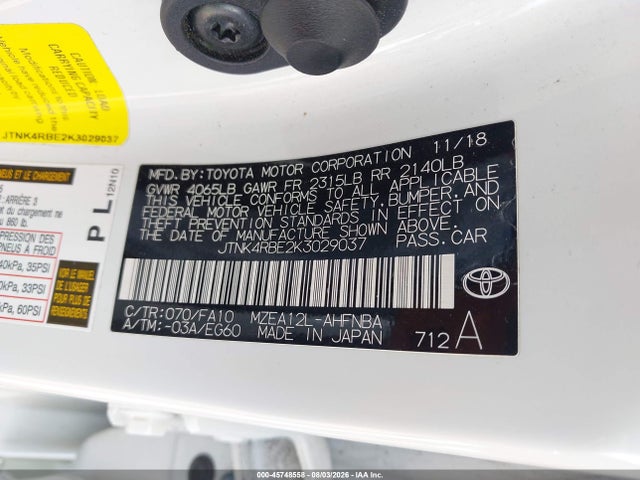 45748558 :رقم المزاد ، JTNK4RBE2K3029037 vin ، 2019 Toyota Corolla Se مزاد بيع