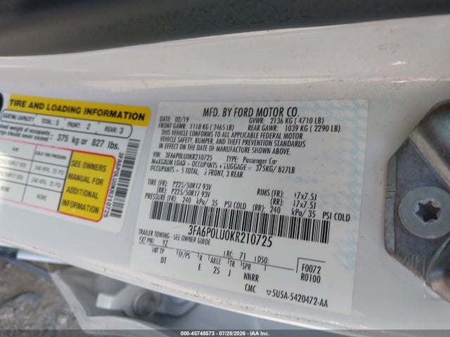 Продажа на аукционе авто 2019 Ford Fusion Hybrid Se, vin: 3FA6P0LU0KR210725, номер лота: 45748573