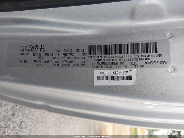 2019 Ram 1500 Classic მანქანა იყიდება აუქციონზე, vin: 3C6JR6DG1KG503935, აუქციონის ნომერი: 45748577