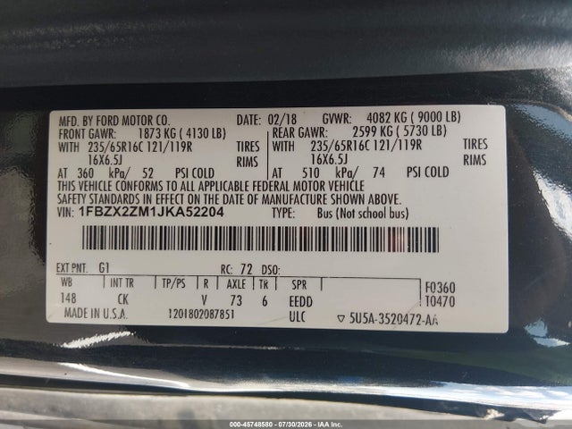 1FBZX2ZM1JKA52204 Ford Transit-350 Xlt