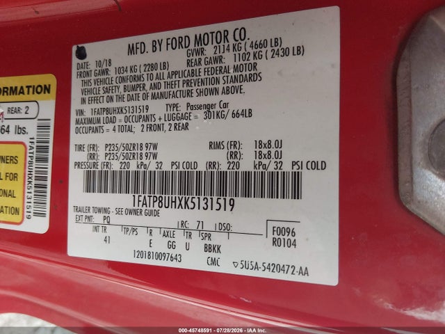 Aukcja sprzedaży 2019 Ford Mustang Ecoboost Premium, vin: 1FATP8UHXK5131519, numer aukcji: 45748591