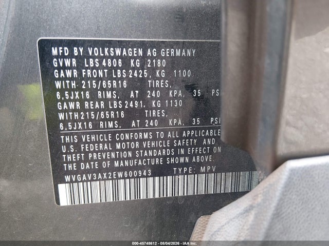 2014 Volkswagen Tiguan S მანქანა იყიდება აუქციონზე, vin: WVGAV3AX2EW600943, აუქციონის ნომერი: 45748612