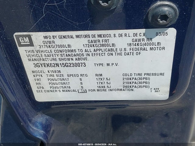 Продажа на аукционе авто 2005 Cadillac Escalade Ext Standard, vin: 3GYEK62N15G230073, номер лота: 45748619