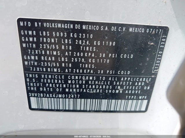 Auction sale of the 2018 Volkswagen Tiguan 2.0t Se/2.0t Sel, vin: 3VV2B7AX4JM012417, lot number: 45748622