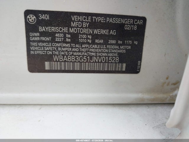 Aukcja sprzedaży 2018 Bmw 340i, vin: WBA8B3G51JNV01528, numer aukcji: 45748637