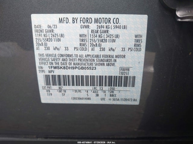 45748641 :رقم المزاد ، 1FMSK8DH9PGB05523 vin ، 2023 Ford Explorer Xlt مزاد بيع