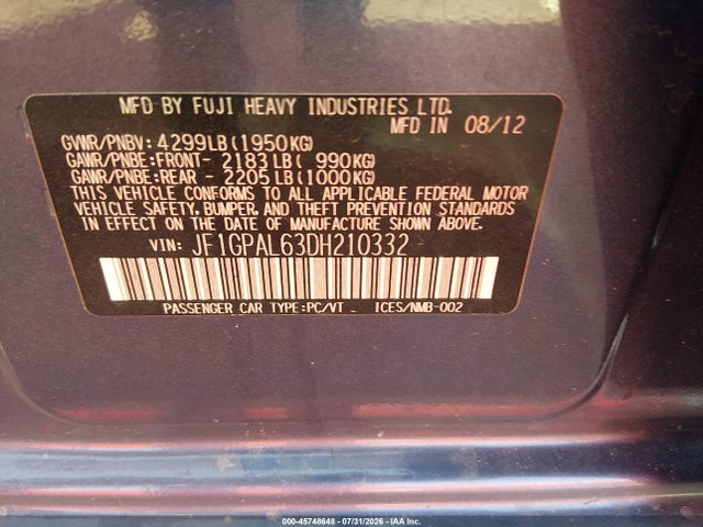 2013 Subaru Impreza 2.0i Sport Premium მანქანა იყიდება აუქციონზე, vin: JF1GPAL63DH210332, აუქციონის ნომერი: 45748648