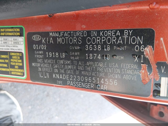 Продажа на аукционе авто 2009 Kia Rio Lx, vin: KNADE223096514556, номер лота: 45748652