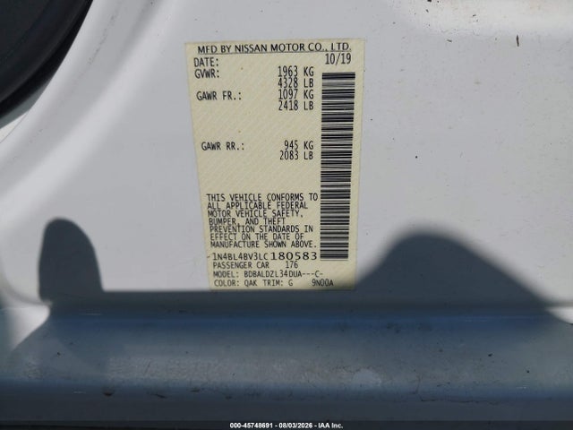 45748691 :رقم المزاد ، 1N4BL4BV3LC180583 vin ، 2020 Nissan Altima S Fwd مزاد بيع